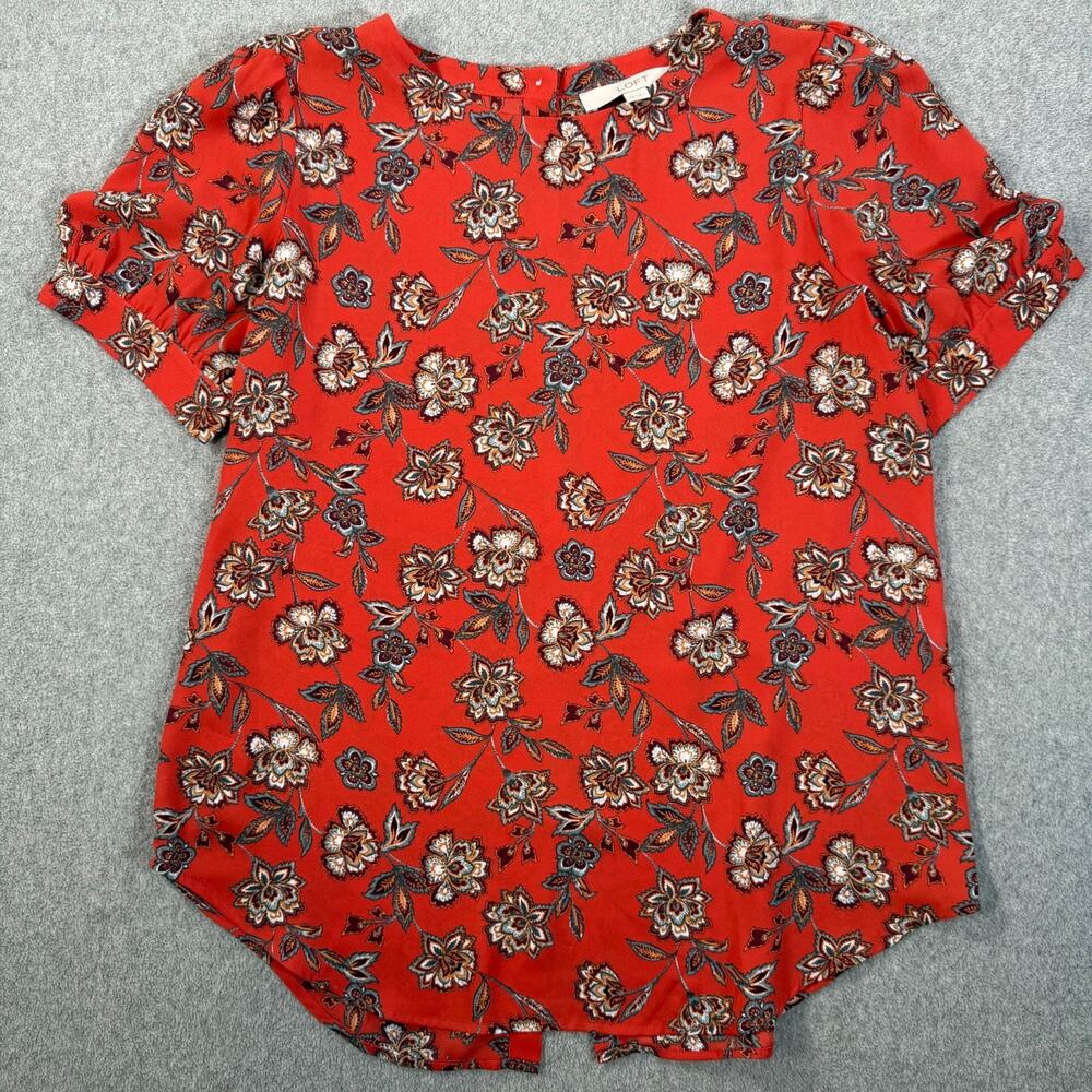 LOFT Floral Button Back Blouse Women's X-Small Orange Short Bubble Sleeves